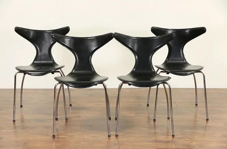 Set of 4 Midcentury Danish Modern Leather Dining or Game Chairs, 1960 Vintage