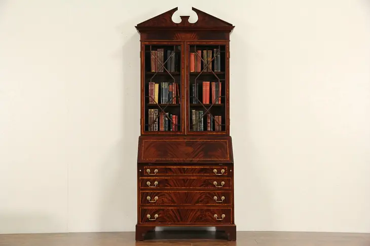 English Vintage Mahogany Secretary Desk & Bookcase, Inlaid Satinwood Banding