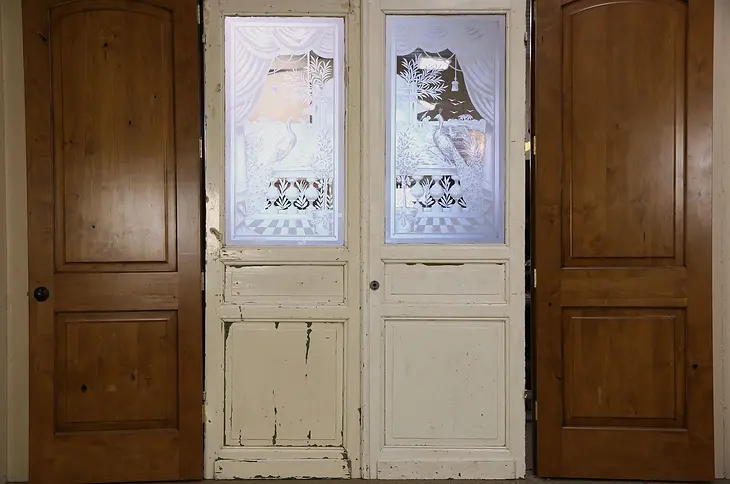 Pair 1890's Antique Salvage Doors, Etched Peacock Scene Windows