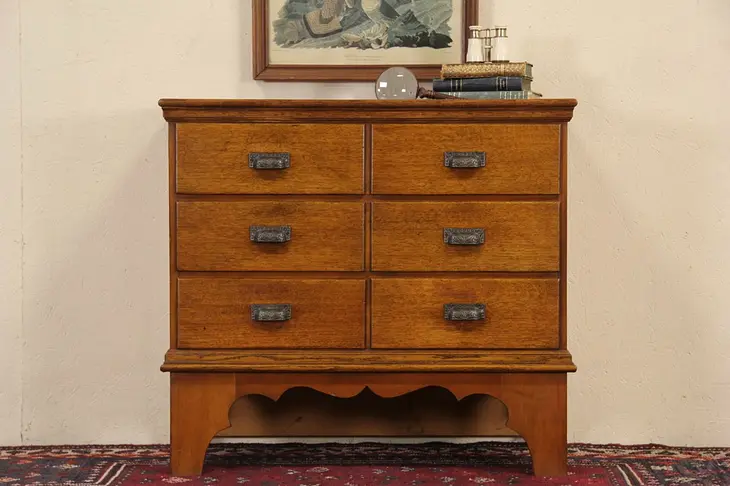 Pine & Oak 1890's Antique Chest or Dresser, 6 Drawers, Original Iron Pulls