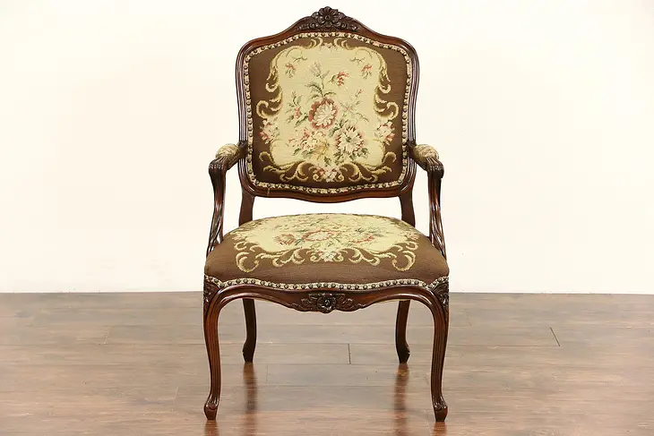 French 1930 Vintage Hand Carved Fauteuil Chair, Hand Stitched Needlepoint