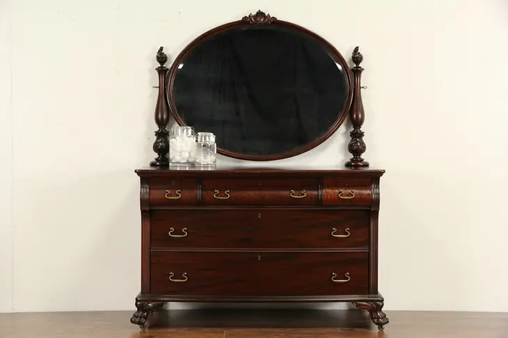 Mahogany 1910 Antique Empire Dresser or Chest, Beveled Mirror