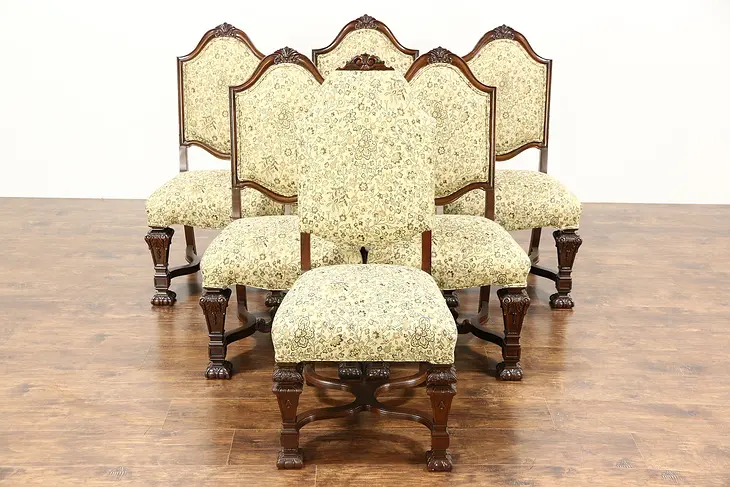 Renaissance Carved Set of 6 (5+1) Antique 1920's Dining Chairs, New Upholstery