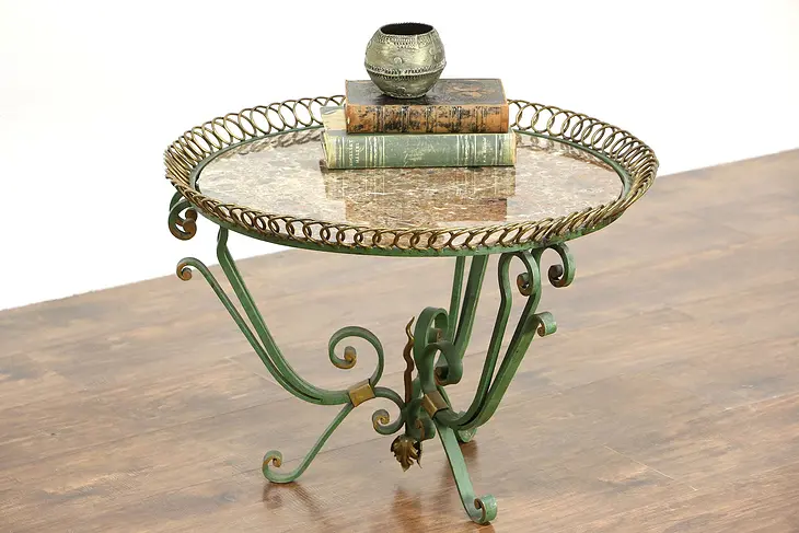French Wrought Iron 1940's Vintage Coffee Table, Marble Top