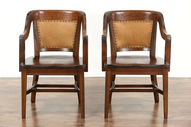Pair of Antique Mahogany & Leather Banker Chairs, Signed Lome, Chicago