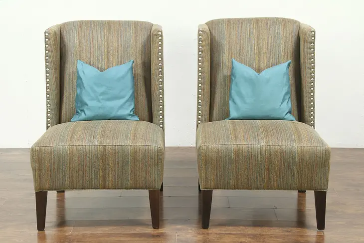Pair of Wing Chairs, Nickel Studs, Signed Craftmaster 2012