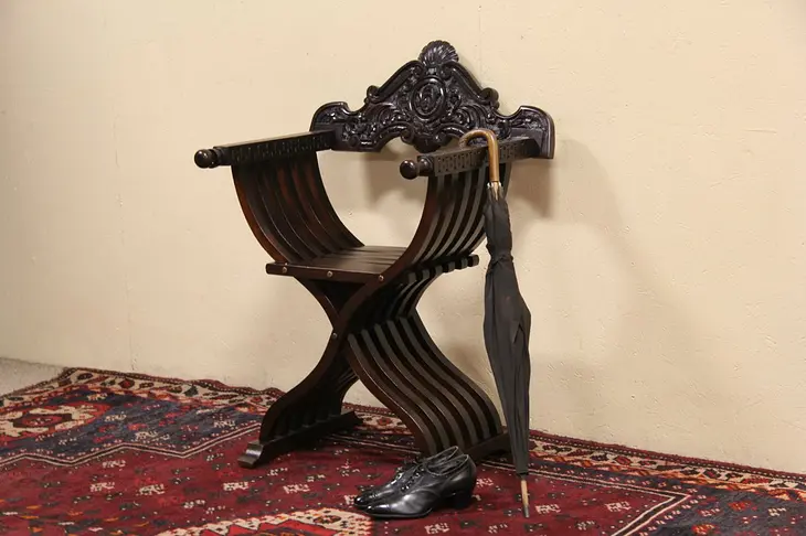 Italian Savonarola Hand Carved 1900 Antique Chair A