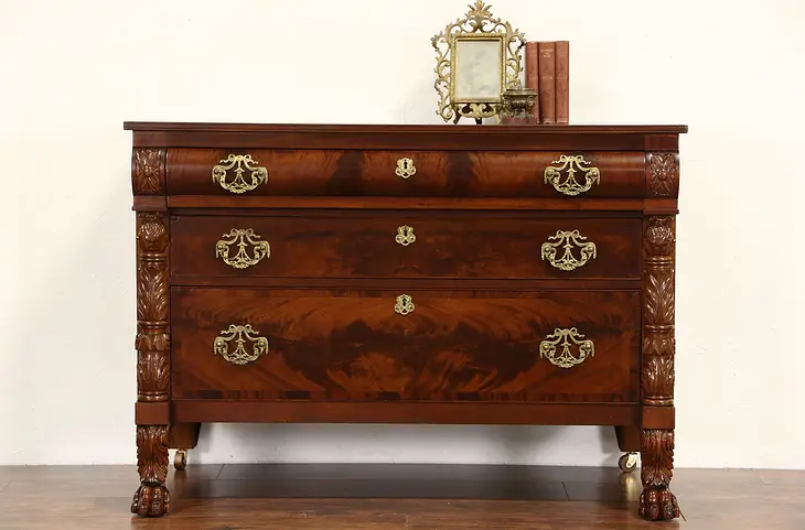Empire 1840's Antique Dresser or Linen Chest, Carved Acanthus & Lion Paw Feet