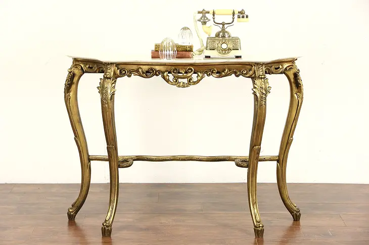 Italian Carved 1930's Antique Burnished Gold Hall Console Table, Marble Top