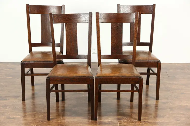Set of 4 Antique Arts & Crafts Dining or Craftsman Game Chairs Original Leather