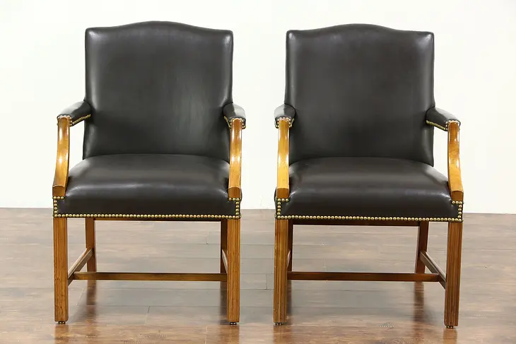Pair of Vintage Leather Office or Library Chairs with Arms, Signed Taylor