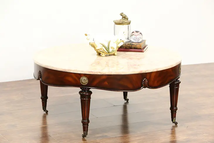 Classical Round Mahogany Vintage Coffee Table, Rose Marble Top