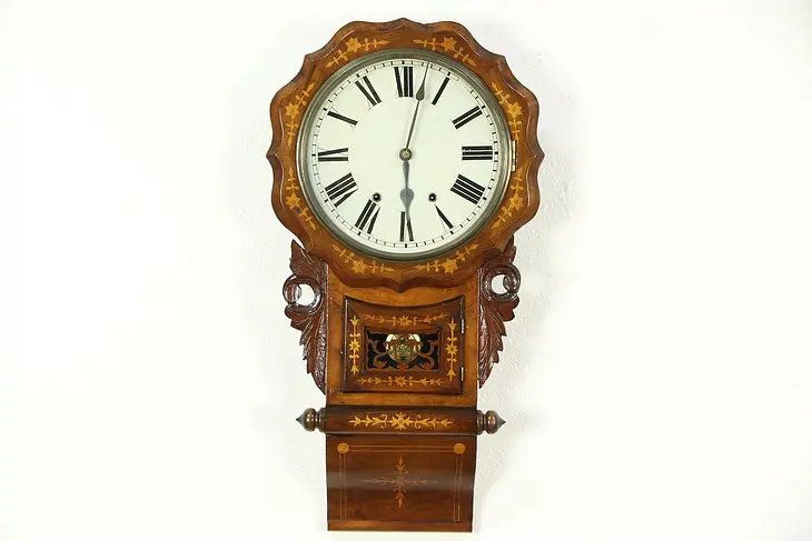 Wall Clock, 1870 Antique Dutch Walnut & Marquetry, Strikes Hour