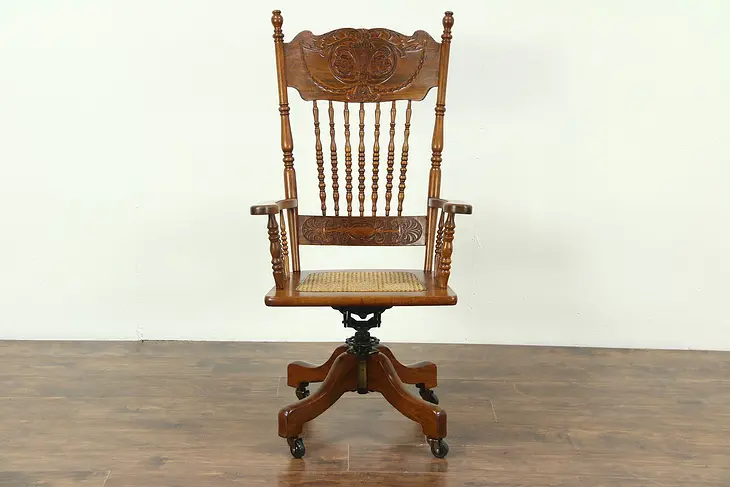 Victorian 1900 Antique Swivel Adjustable Desk Chair, Carved Press Back