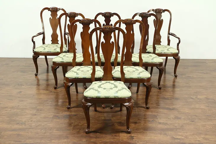 Set of 8 Traditional Cherry Dining Chairs, New Upholstery, Signed Hekman #28851