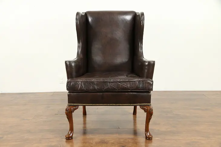 Leather Vintage Wingback Chair, Brass Nailhead Trim, Signed Hickory #31240