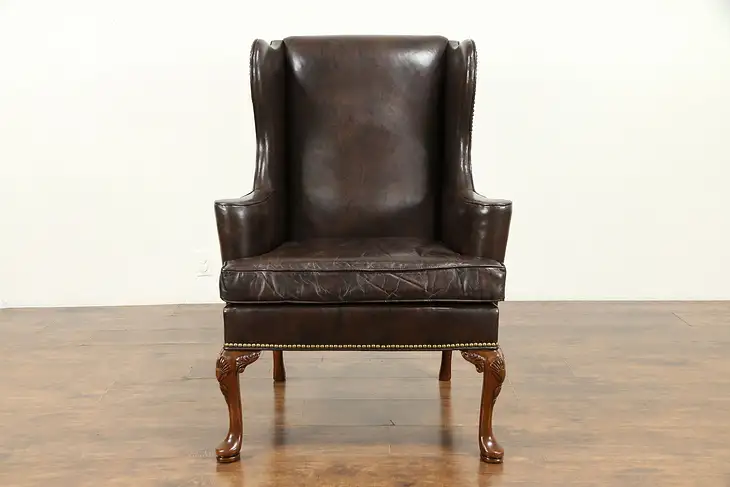 Leather Vintage Wingback Chair, Brass Nailhead Trim, Signed Hickory #31240