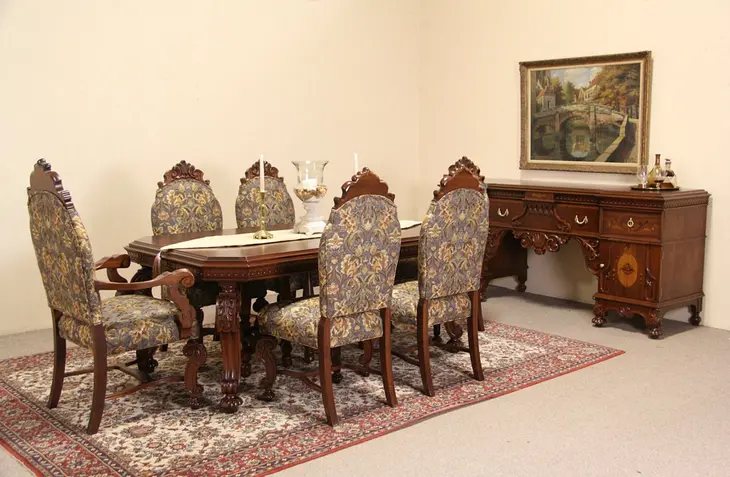 Renaissance 1920's Carved Dining Set, Table, 6 Chairs, Sideboard