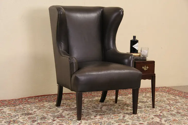 Leather Wing Back Chair, Signed Baker