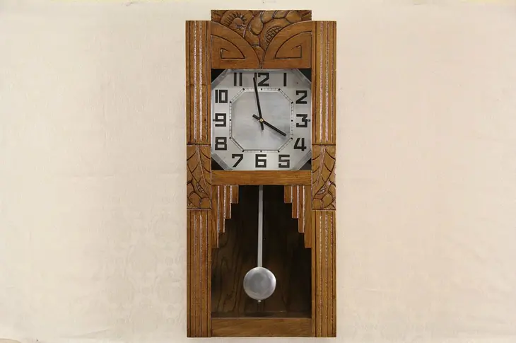 French Art Deco 1930 Oak Clock, Quartz Battery Movement