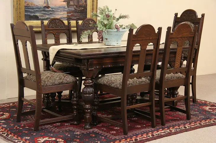 Oak English Tudor 1920's Carved Oak Dining Set, Table & 6 Chairs