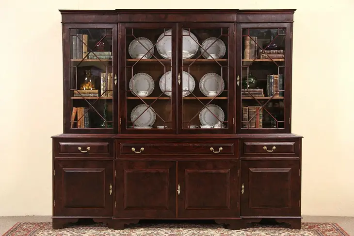 Breakfront English Georgian Vintage 8' Bookcase or China Cabinet