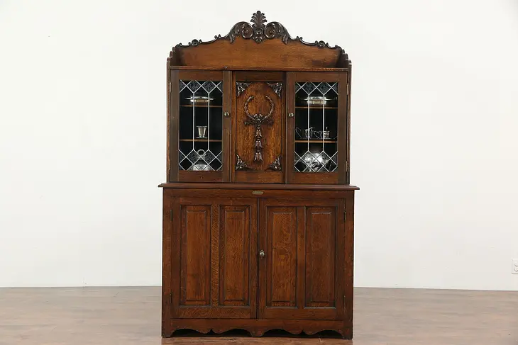 Oak 1900 Antique Mystery Linen or Collector Print Cabinet, Leaded Glass Doors