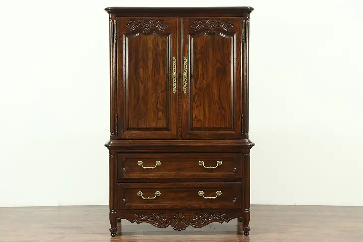 Country French Vintage Oak Tall Chest, Armoire, Chifferobe signed Hickory #28618