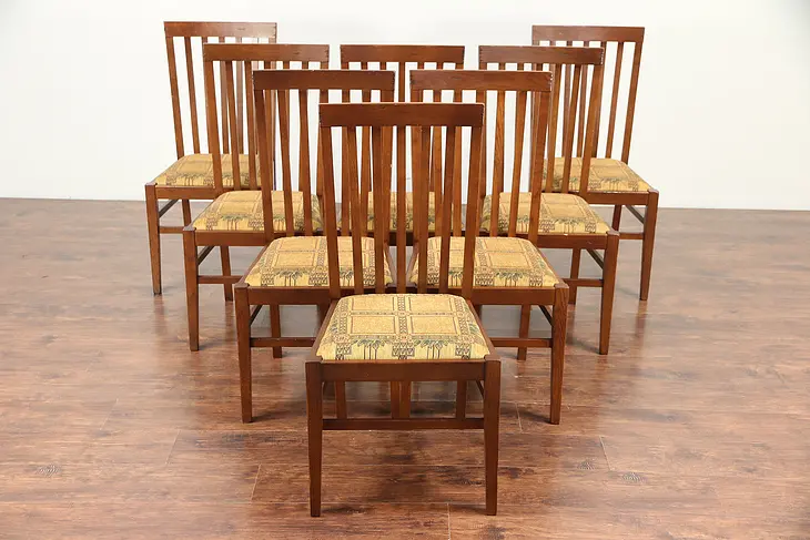 Set of 8 Oak Craftsman or Prairie Style Dining Chairs, New Upholstery #29603