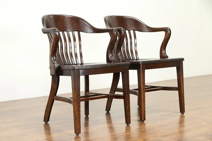 Pair of Quarter Sawn Oak 1910 Antique Banker, Desk or Office Chairs #30897