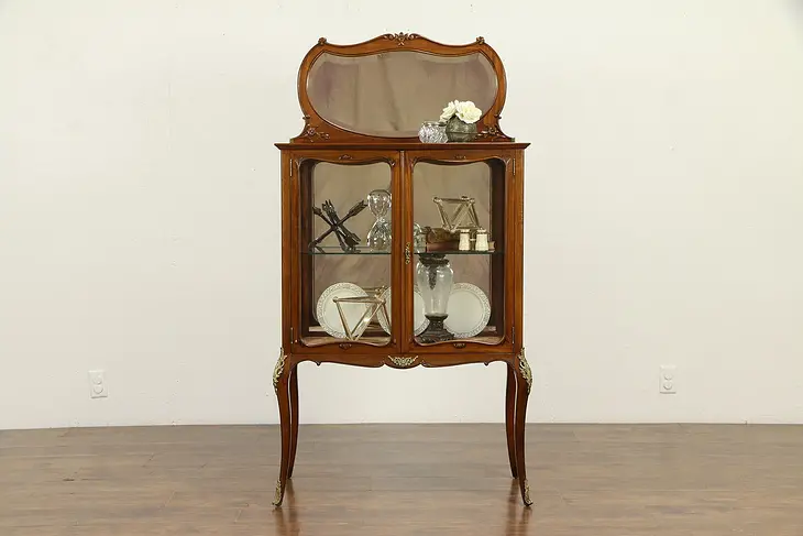 Carved Mahogany Antique Vitrine Curio Display Cabinet, Beveled Mirror #31967
