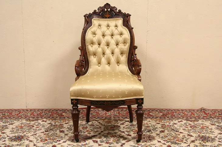 Victorian 1875 Carved Walnut Antique Chair, Ebony Marquetry