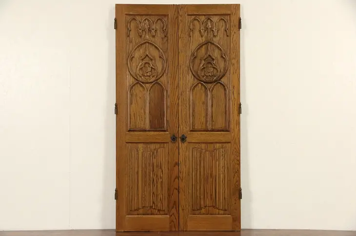 Pair of Architectural Salvage Gothic Carved Oak Vintage Doors