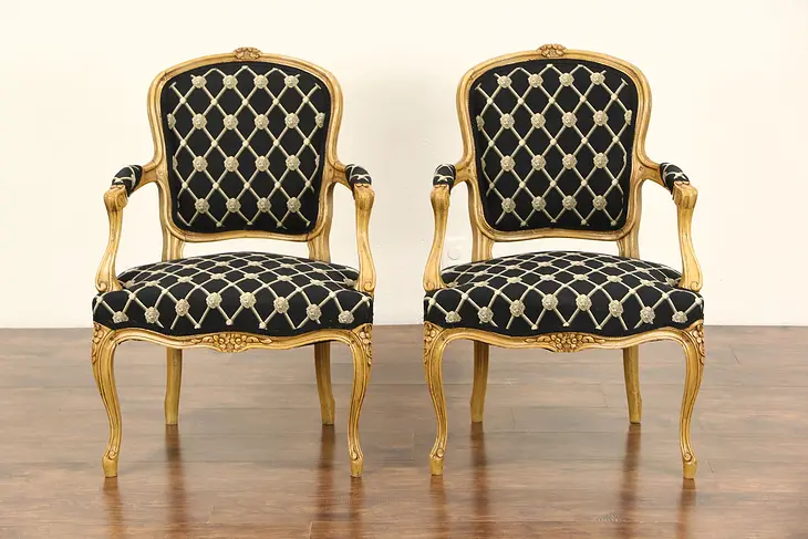 Pair of Country French Custom Carved & Upholstered Vintage Beech Chairs w/ Arms