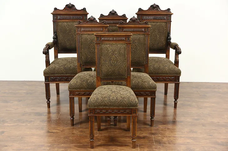 Set of 6 Italian Carved Walnut Antique Dining Chairs, New Upholstery