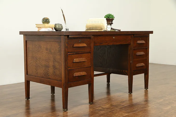 Oak Antique 1915 Desk, File Drawer, Carved Pulls, Brass Feet #31339