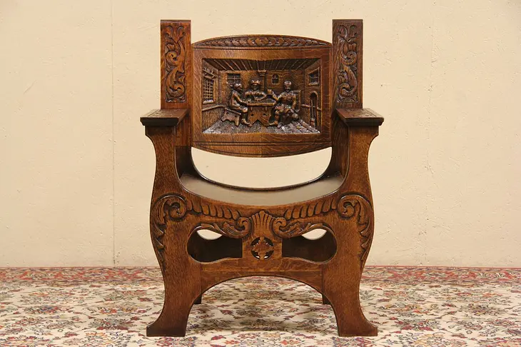 Oak 1900 Antique Chair, Carved Rathskeller Drinking Scene