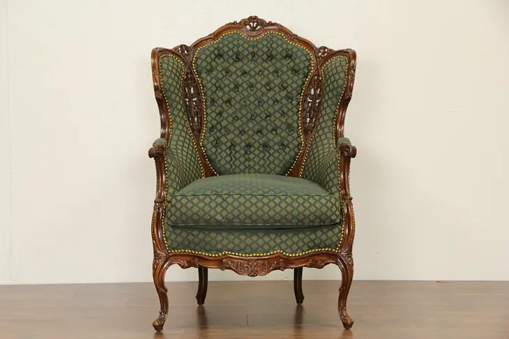 Carved 1940's Vintage French Style Wing Chair