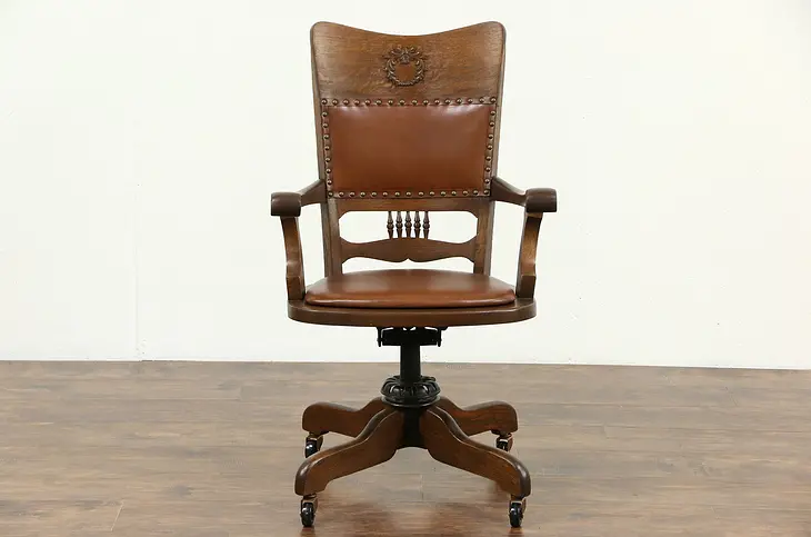 Oak & Leather Swivel Adjustable Antique Desk Chair, Signed Crocker Sheboygan