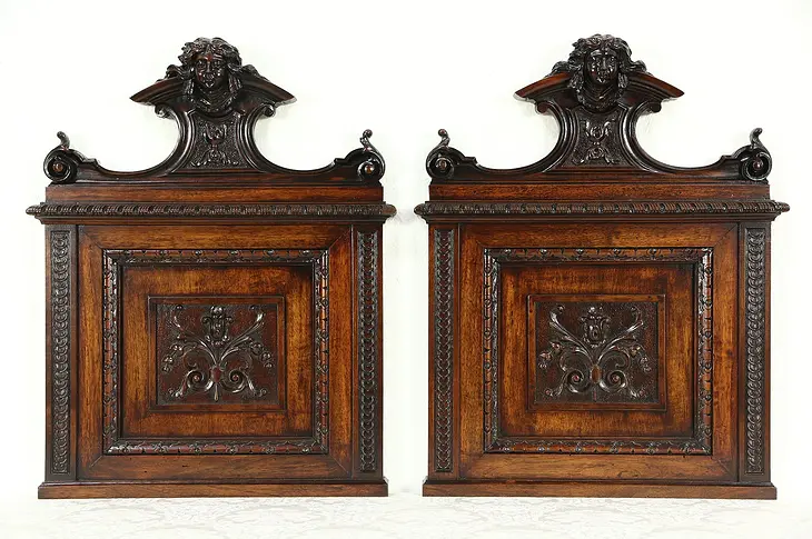 Pair Antique 1890 Italian Architectural Salvage Panels, Carved Head Sculptures