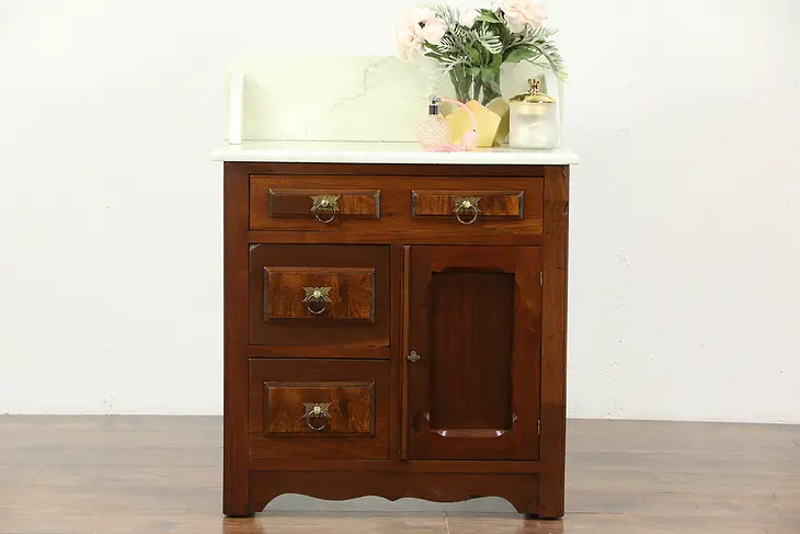 Victorian 1880 Antique Walnut & Burl Commode or Nightstand, Marble Top