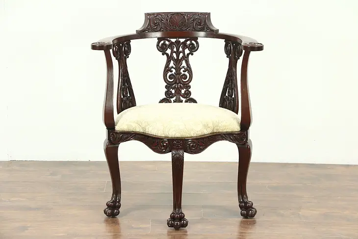 Mahogany Antique Corner Chair, Carved Paw Feet, New Upholstery