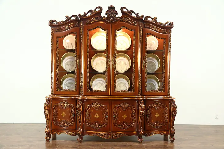 Baroque Carved Cherry Vintage Breakfront China Cabinet Painted Signed Montalban