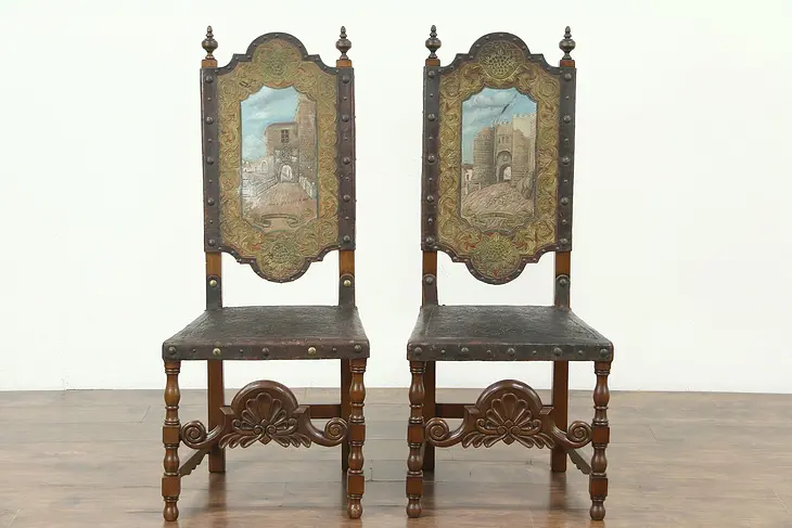 Pair Antique Leather Chairs, Hand Painted Gates Toledo & Segovia Spain #28754