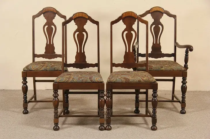 Set of 4 Tudor 1920's Antique Dining Chairs, New Upholstery
