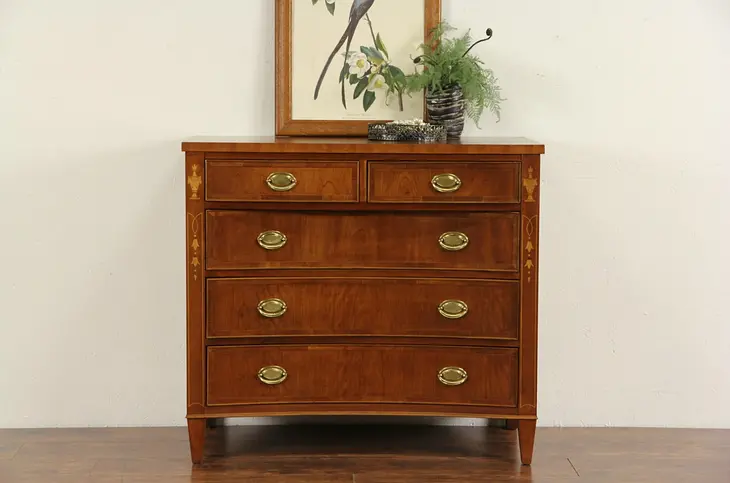 Hekman Signed Cherry Linen Chest or Dresser, Marquetry & Banding