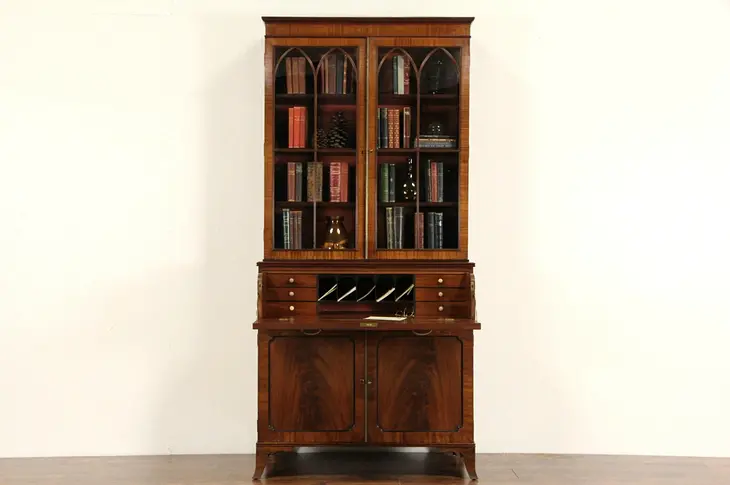 English Butler 1880 Antique Secretary Desk, Bookcase, Wavy Glass, Secret Drawers