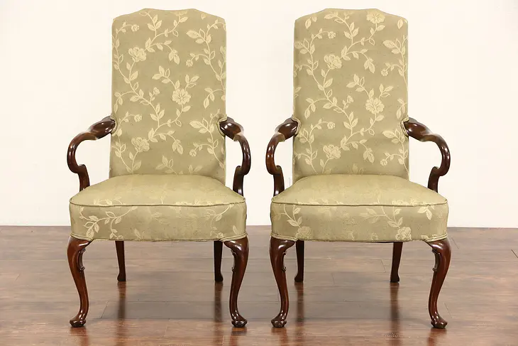 Pair of Georgian Style Vintage Chairs with Arms, New Upholstery