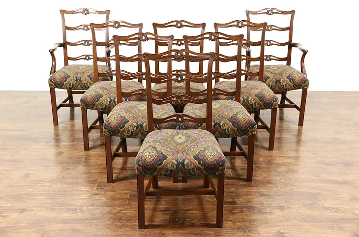 Set of 8 Traditional Carved Mahogany Vintage Dining Chairs, New Upholstery
