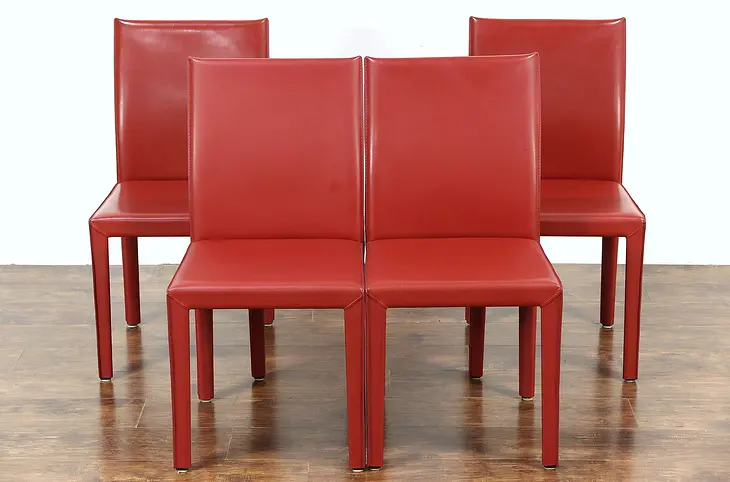 Set of 4 Red Leather Dining or Game Table Chairs, Signed Maria Yee, CA